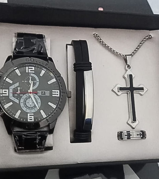 4 EN 1 RELOJ, BRAZALETE, ANILLO Y CRUCIFIJO
