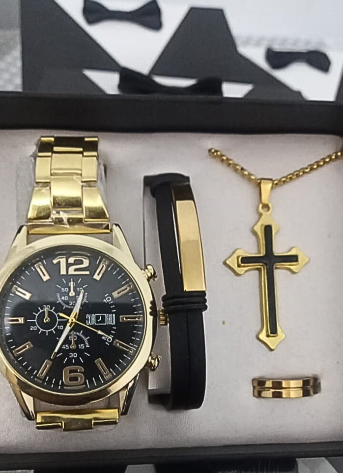 4 EN 1 RELOJ, BRAZALETE, ANILLO Y CRUCIFIJO