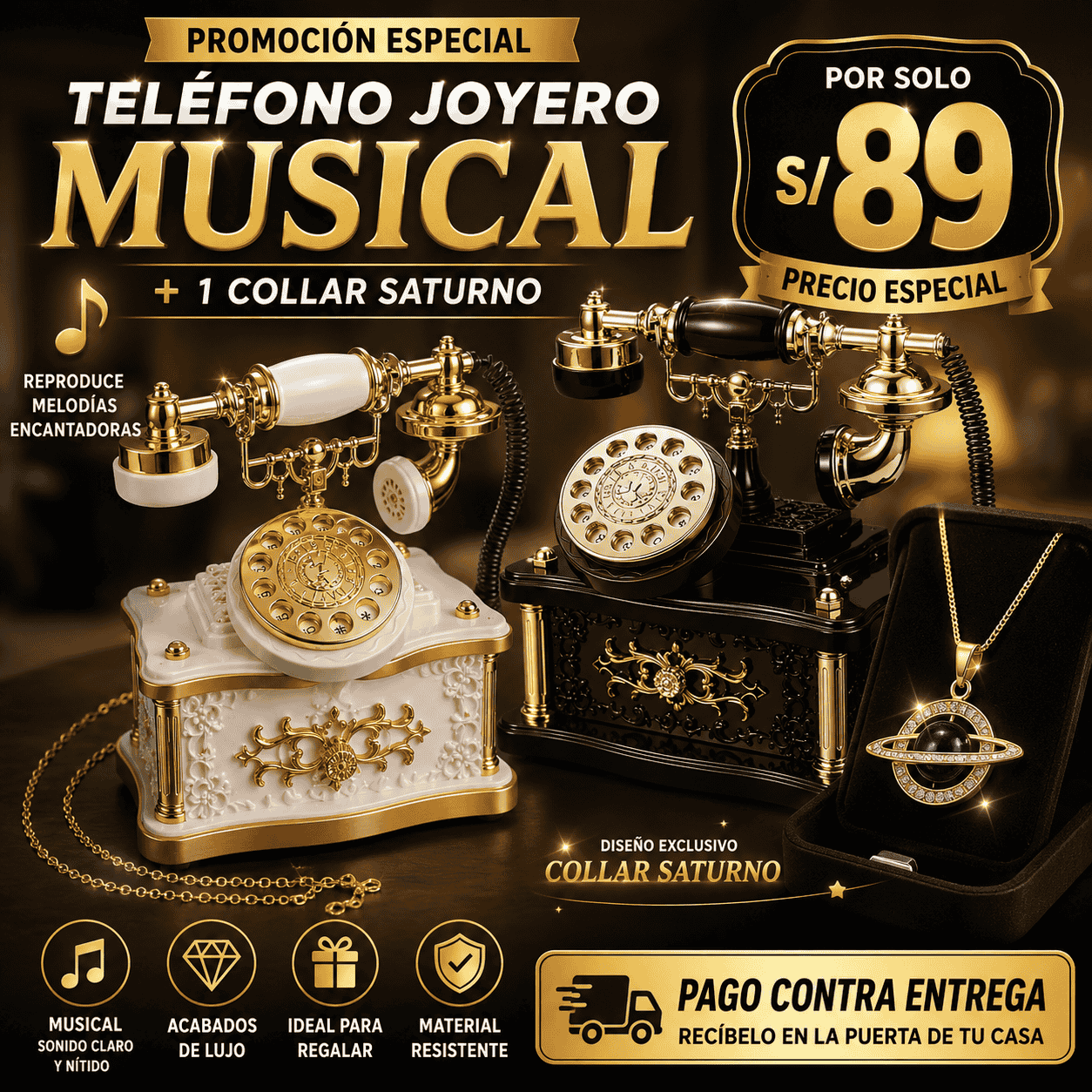 Teléfono musical joyero + collar saturno📿