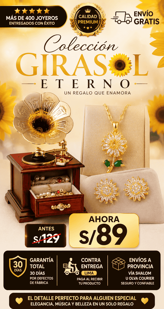 COLECCION GIRASOL ETERNO (joyero, collar y aretes)